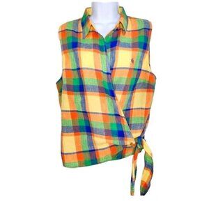 Lauren Ralph Lauren Linen Wrap Top Sleeveless Madras Plaid Shirt‎ Sz 10P Petite